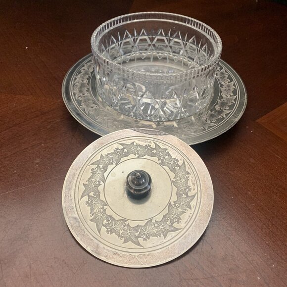 1878 Victorian Pressed Glass Butter Dish Silverplate Tray & Lid Percival Vickers - Picture 2 of 16